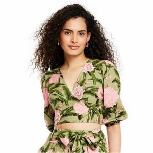 Agua Bendita Olive Green Floral Wrap Crop Top with Pink Flowers
